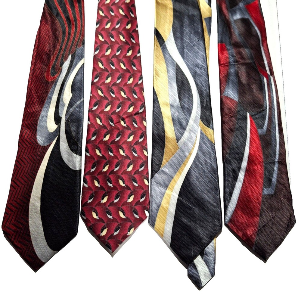 Lot of 4 Vintage Van Heusen Men Ties Abstract Geometric Op Art Red Gold Silk VTG